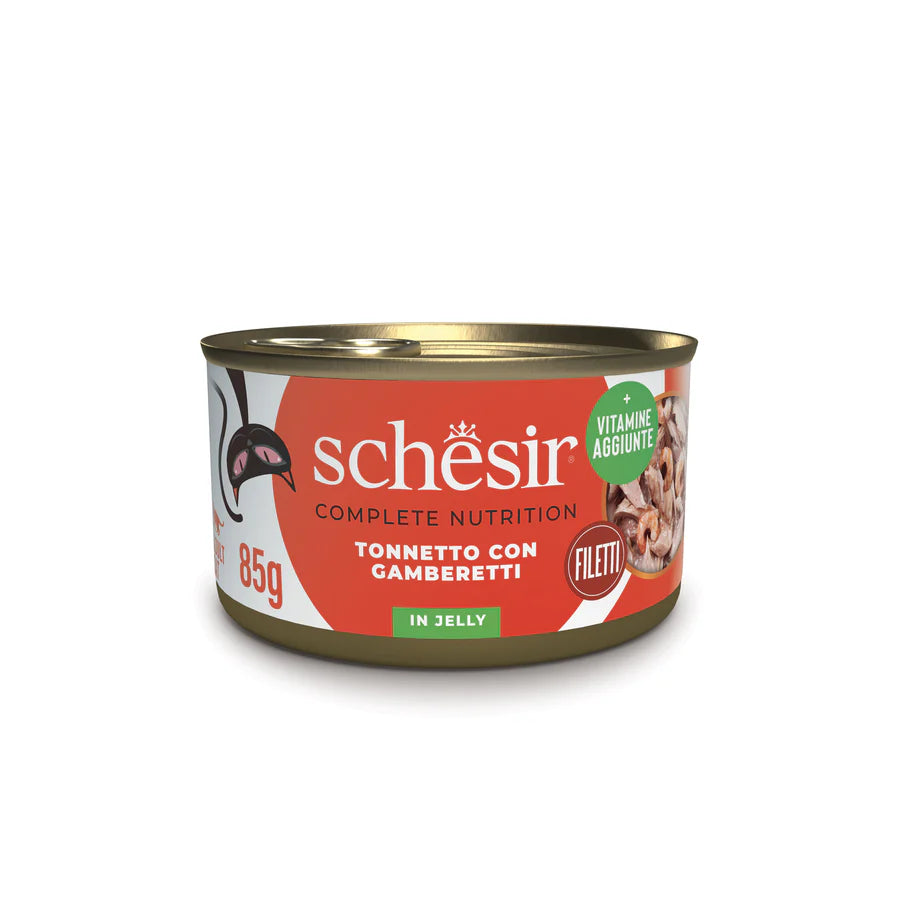 Schesir umido gatto adulto 85g con tonnetto e gamberetti in gelatina, lattina rossa con filetti visibili Schesir umido gatto adulto 85g con tonnetto e gamberetti in gelatina, lattina rossa con filetti visibili